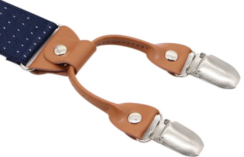 Timiot Menâ€™s Y-Back 4 Metal Clip Elastic Wide Suspenders Perfect For Both Casual&Formal (Navy Polka Dot) - Image 2
